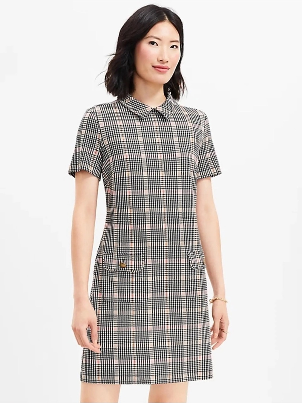 LOFT Black, White and Pink Houndstooth Short Sleeve Dress button women’s medium